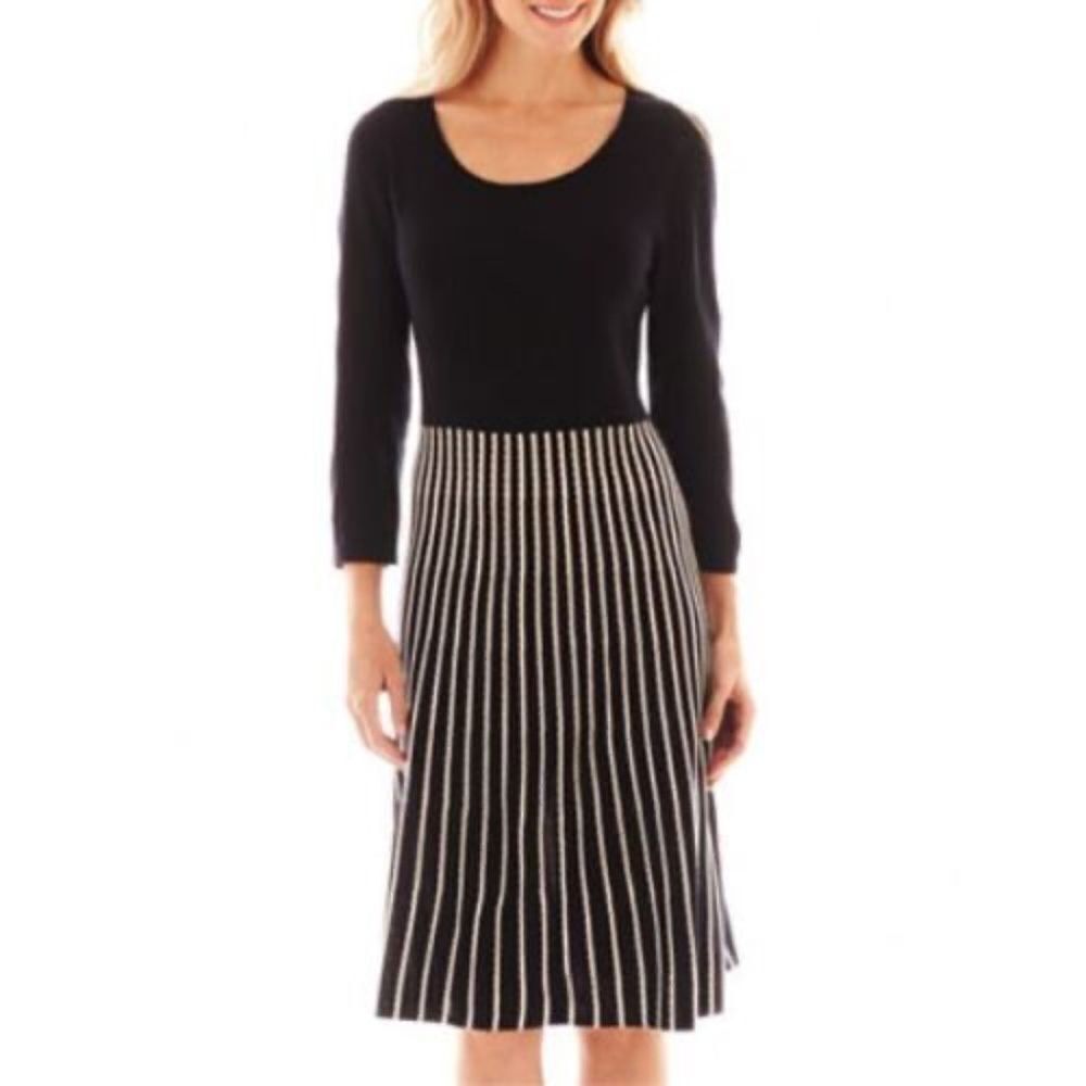 Black Label By Evan Picone Black Stiped Skirt Knit Dress Sz M‎